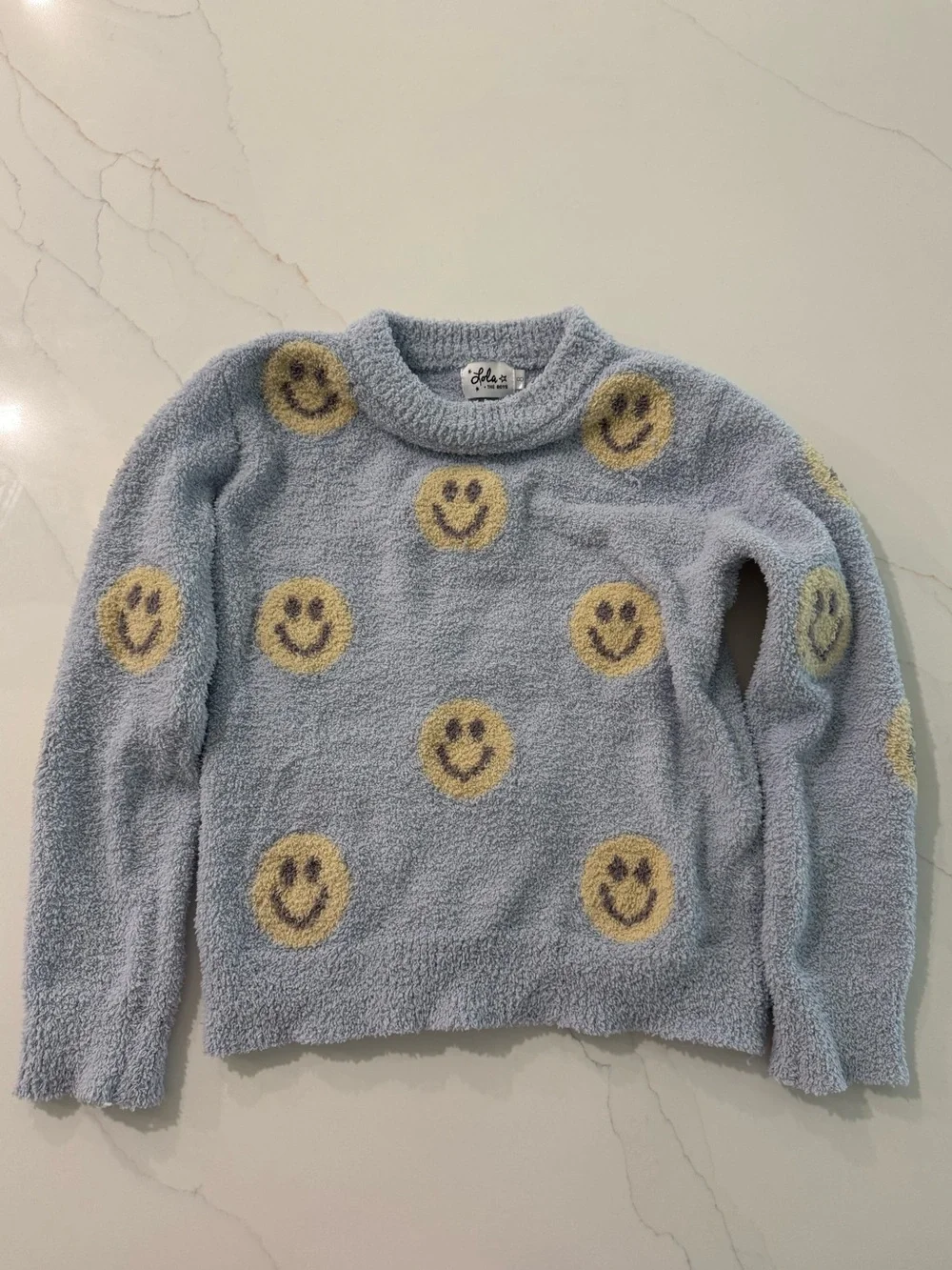 Lola + The Boys Pastel Blue Smiley Knit Sweater